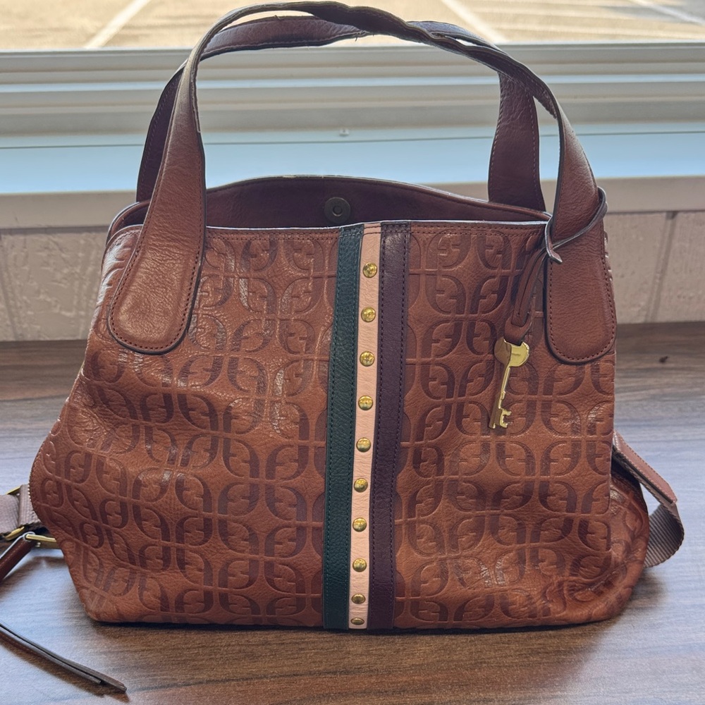 Fossil Brown Shoulder Bag with Gold Accents
